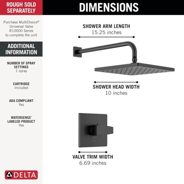 Delta Modern 14 Series Square Rain Shower Faucet Set, Matte Black Shower Head and Handle Set, Valve Trim Kit, Matte Black T14268-BL-PP (Valve Not Included)