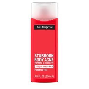 Neutrogena Salicylic Acid & PHA Stubborn Acne Body Wash, Exfoliating Cleanser Acne Treatment for Chest & Shoulder, Gently Clears, Exfoliates & Helps Prevent Breakouts, Fragrance Free, 8.5 Fl Oz