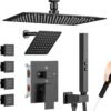 Shower Faucet Sets Matte Black Shower System,STARBATH 4 Way 12+6" Dual Head Shower Set Complete with 2 in 1 Handheld,Ceiling Mounted Rainfall Shower Head with 4 Body Spray Jets, Shower Jets System