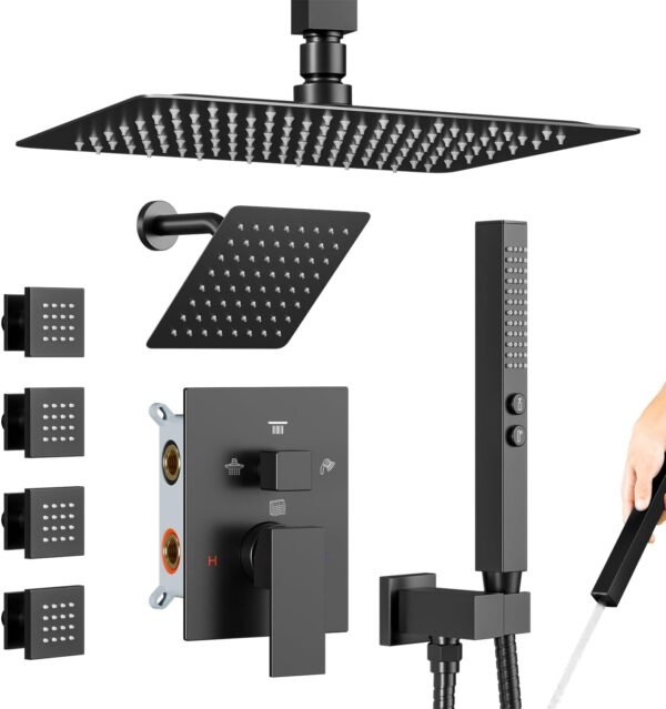Shower Faucet Sets Matte Black Shower System,STARBATH 4 Way 12+6" Dual Head Shower Set Complete with 2 in 1 Handheld,Ceiling Mounted Rainfall Shower Head with 4 Body Spray Jets, Shower Jets System