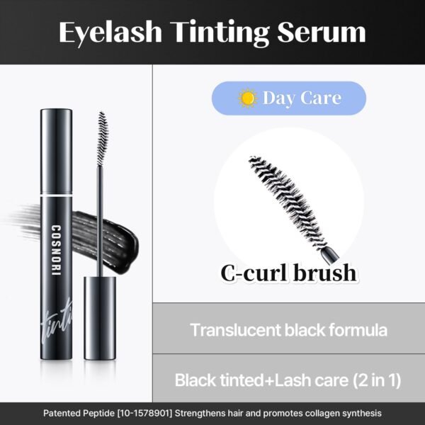 COSNORI Eyelash Tinting Serum 01 Deep Black - Korean Eyelash Boost Tinted Serum – Eyebrow Growth Enhancer for Longer and Thicker – Lash Perm Essential - Vegan, Irritation Free 0.3 fl.oz / 9g (Black)