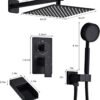 Matte Black Shower Tub Faucet Set, Wall Mounted 8 Inch Shower Heads with Handheld Spray Combo and Tub Shower Faucet, Luxury Bathroom Square Rain Shower System - 4 Hooks