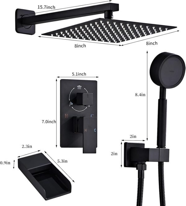 Matte Black Shower Tub Faucet Set, Wall Mounted 8 Inch Shower Heads with Handheld Spray Combo and Tub Shower Faucet, Luxury Bathroom Square Rain Shower System - 4 Hooks