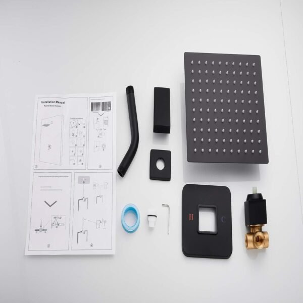 Black Shower Faucet GGStudy Single Function Shower Trim Kit with Rough-in Valve Shower Set Bath Rainfall Shower Faucet System 8inch Square Stainless Steel Metal Shower Head