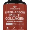 Wholesome Wellness Super-Absorb Multi Collagen Pills (Type I II III V X) Organic Herbs & Bioperine - Hair, Skin, Nails, Joints - Hydrolyzed Peptides Protein Supplement for Women & Men (90 Capsules)