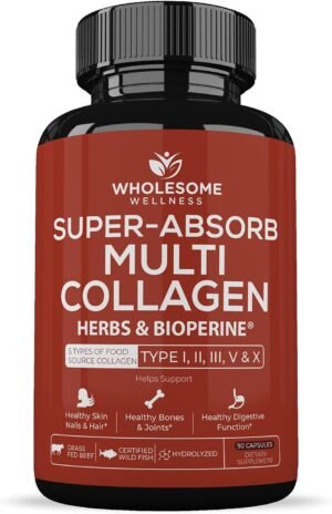 Wholesome Wellness Super-Absorb Multi Collagen Pills (Type I II III V X) Organic Herbs & Bioperine - Hair, Skin, Nails, Joints - Hydrolyzed Peptides Protein Supplement for Women & Men (90 Capsules)