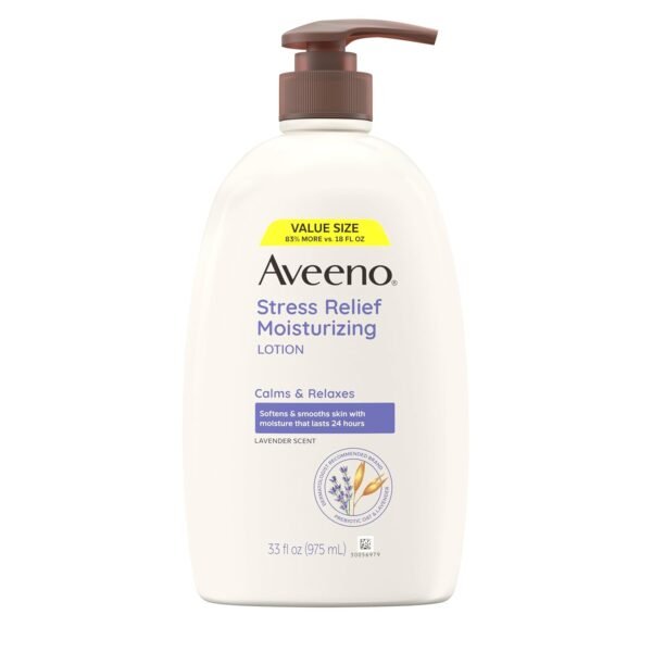 611deOWab6L._SL1500_.jpg Aveeno Stress Relief Moisturizing Body Lotion 33 Fl Oz, Lavender Scent with Prebiotic Oat, Hydrating 24-Hour Moisturizer Non-Greasy for Dry Sensitive Skin, Paraben & Dye Free, Calming & Relaxing
