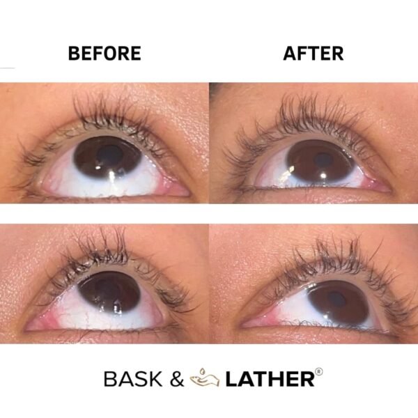 Bask & Lather Lash Serum with Castor Oil & Jojoba Oil For Thicker, Fuller & Longer Looking Eyelashes and Eyebrows, Conditioning and Enhancing Eyelash Growth Serum with Brush Applicator, 3 Month Supply