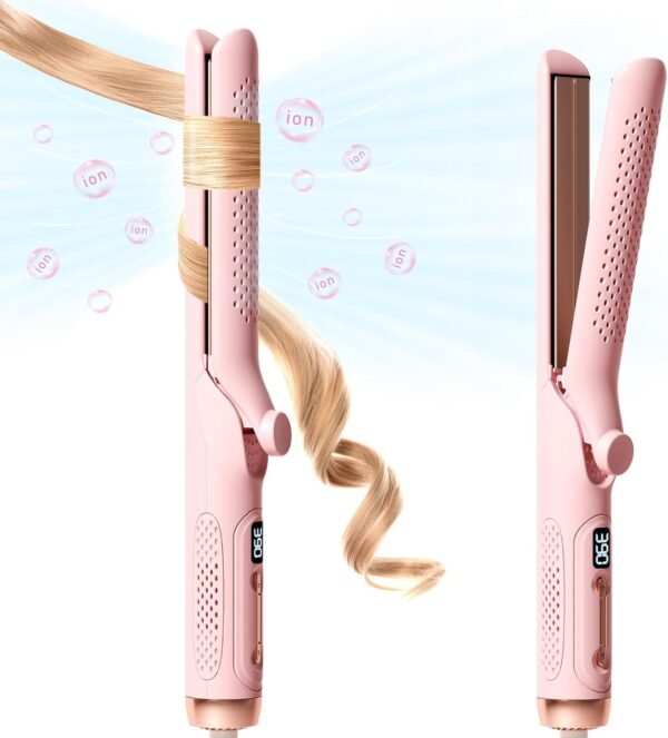 611oZHtDQzL._AC_SL1500_.jpg Hair Straightener and Curler 2-in-1, 360° Airflow Styler Curling Iron, 1.25 Inch Curling Wand, 20 Million Negative Ion Hair Care, 5 Temps & Auto Off, Dual Voltage (Pink)