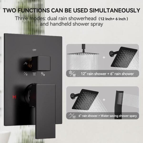 Shower Faucet Sets Shower Systems Matte Black, STARBATH 12+6" Dual Rain Shower Head with Handheld Spray for Two People, Ceiling Mount Rainfall 3 Way Shower Valve with 5 Diverter and Trim Kit Complete