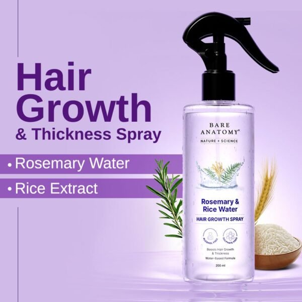 Bare Anatomy Nature x Science Rosemary Water Spray for Hair Growth & Hair Thickness with Rice Water |100% Natural Extract | Soft & Smooth Hair| Controls Hairfall| Non-Greasy & Fast Absorbing | 200ml