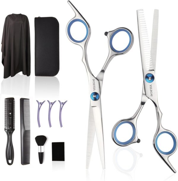 614IpY8f-xL._AC_SL1500_.jpg Haircut Scissors Kit, 11 Pcs Professional Set - Haircut, Thinning Scissors, Neck Duster Brush, Comb, Barber Cape, Hair Clips, Hairdressing Shears for Barber and Home