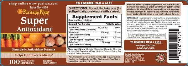 Puritan's Pride Premium Super Synergistic Antioxidant Formula, Dietary Supplement to Help Fight Premature Aging*, Vitamins A, C, E, and Selenium Mineral, 3 Month Supply, 100 Rapid Release Softgels