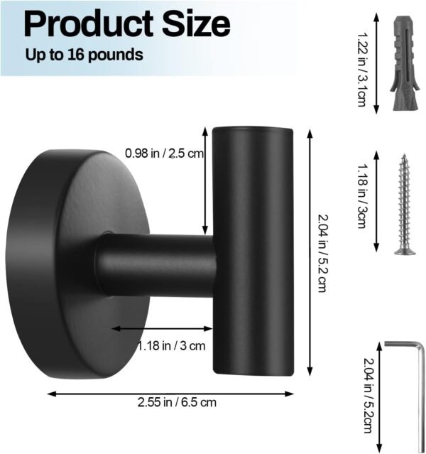 Kruodop Towel Hooks for Bathroom,2 Packs Wall Mount Towel Holder,Black Matte Wall Robe Hook,Stainless Steel Heavy Duty Door Hanger Towel Hook for Kitchen, Bedroom,Hotel,Pool,Coats(Drilling)