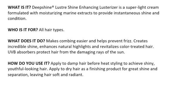 RUSK Deepshine Lustre Shine Enhancing Lusterizer, Detangles, Provides Shine, and Reduces Frizz, 4.4 oz