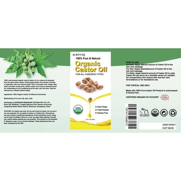 61Af2IrvmL._SL1200_.jpg USDA Organic Castor Oil 8 fl oz - Cold Pressed, Hexane Free, Unrefined for Hair Growth, Eyelash & Skin Care | 100% Pure Natural Castor Seed Oil in Glass Bottle