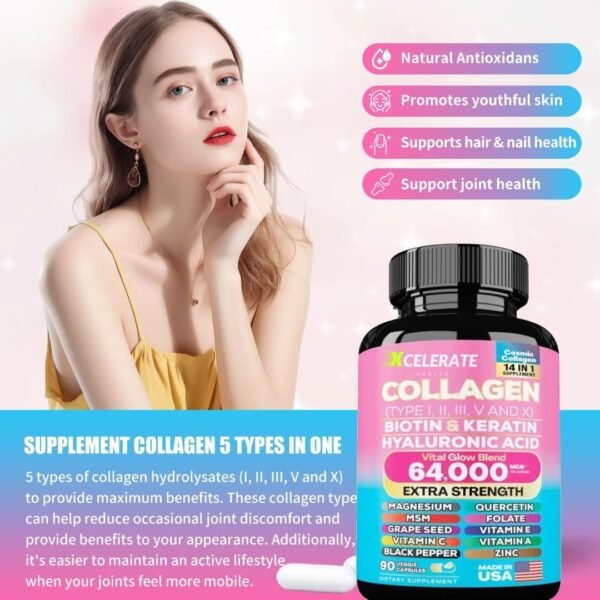 Cosmic Glow Blend Collagen Peptides Types I, II, III, V & X MCG Biotin Keratin Hyaluronic Acid MSM Vitamin A Vitamin C Vitamin E Folic Acid Zinc Magnesium with Grape Seed, (90 CAPS)