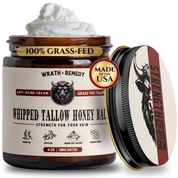 61Bt65LNu6L._SL1000_.jpg Wrath & Remedy Handmade Whipped Organic Beef Tallow for Skin - 4 OZ (Unscented) — Grass Fed Beef Tallow Moisturizer and Honey Balm for Silky, Sensitive-Skin, Eczema, Rosacea - Free of Harsh Chemicals