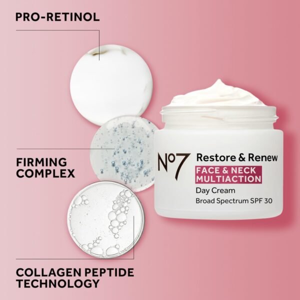 No7 Restore & Renew Multi Action Face & Neck Cream - Anti Aging Face Moisturizer with SPF 30 - Helps to Firm & Hydrate Crepey Skin - Formulated with Hyaluronic Acid, Peptides & Ceramides (1.69 Oz)