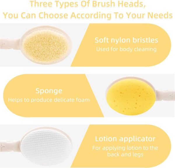 LFJ 19" Long Handle Shower Sponge Brush Set, 3 in 1 Body Brush, Bath Sponge and Lotion Applicator Improved Skin Health, Suitable for Men and Women (White Brush-1P)