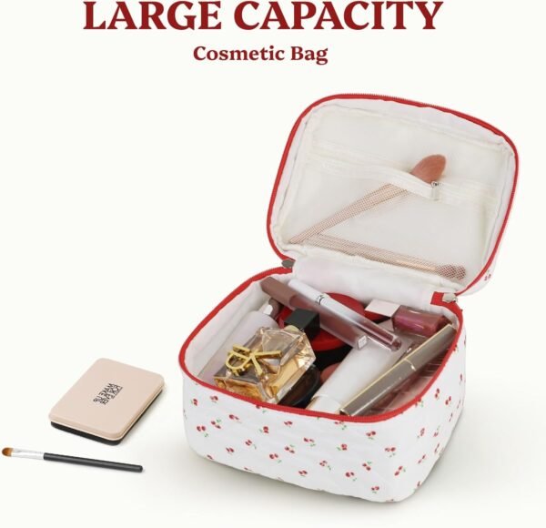 61DSNG6uwKL._AC_SL1500_.jpg Prite Large Makeup Bag for Women Quilted Floral Cotton Cosmetic Bag Cute Coquette Aesthetic Floral Travel Toiletry Bag (Red Berries)