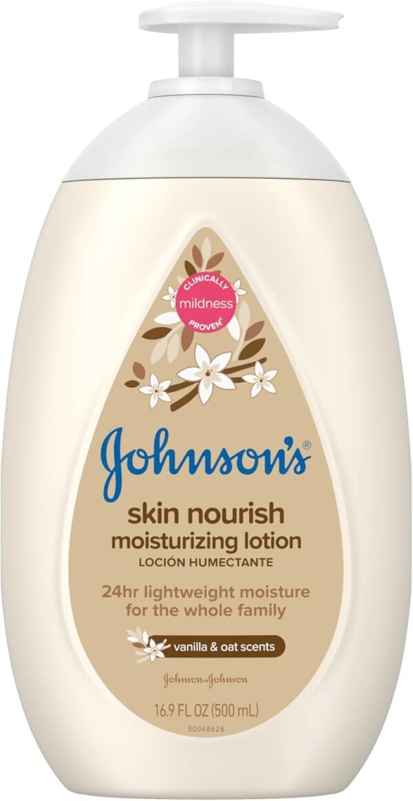 Johnson's Skin Nourish Moisturizing Baby Lotion for Dry Skin with Vanilla & Oat Scents, Gentle & Lightweight Body Lotion for the Whole Family, Hypoallergenic, Dye-Free, 16.9 fl. oz
