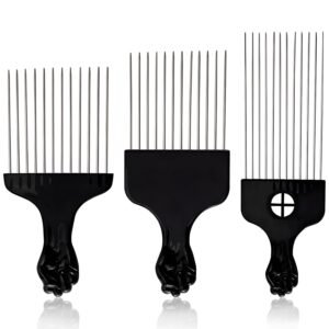 61E3AjbQWjL._SL1500_.jpg Stylish 3-Piece Black Metal Afro Hair Pick Set: Stainless Steel Wide-Tooth Combs with Classic Fist Design, Essential for Curly & Afro Hair Care and Styling