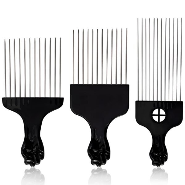 61E3AjbQWjL._SL1500_.jpg Stylish 3-Piece Black Metal Afro Hair Pick Set: Stainless Steel Wide-Tooth Combs with Classic Fist Design, Essential for Curly & Afro Hair Care and Styling
