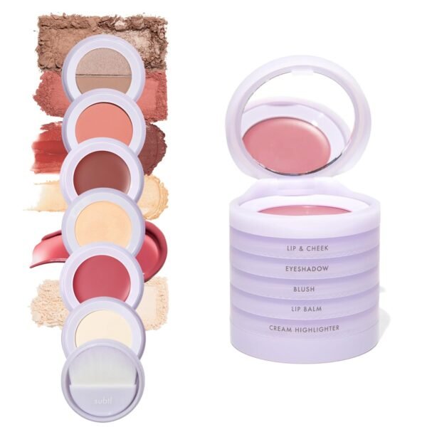 61ETO0mVJL._SL1500_.jpg 6-in-1 Stackable Travel Makeup Kit by Subtl Beauty | New Lip Glaze, Eyeshadow, Highlighter, Lip + Cheek, Blush, Shine Control | Includes Mirror & Brush | Compact Makeup for On the Go