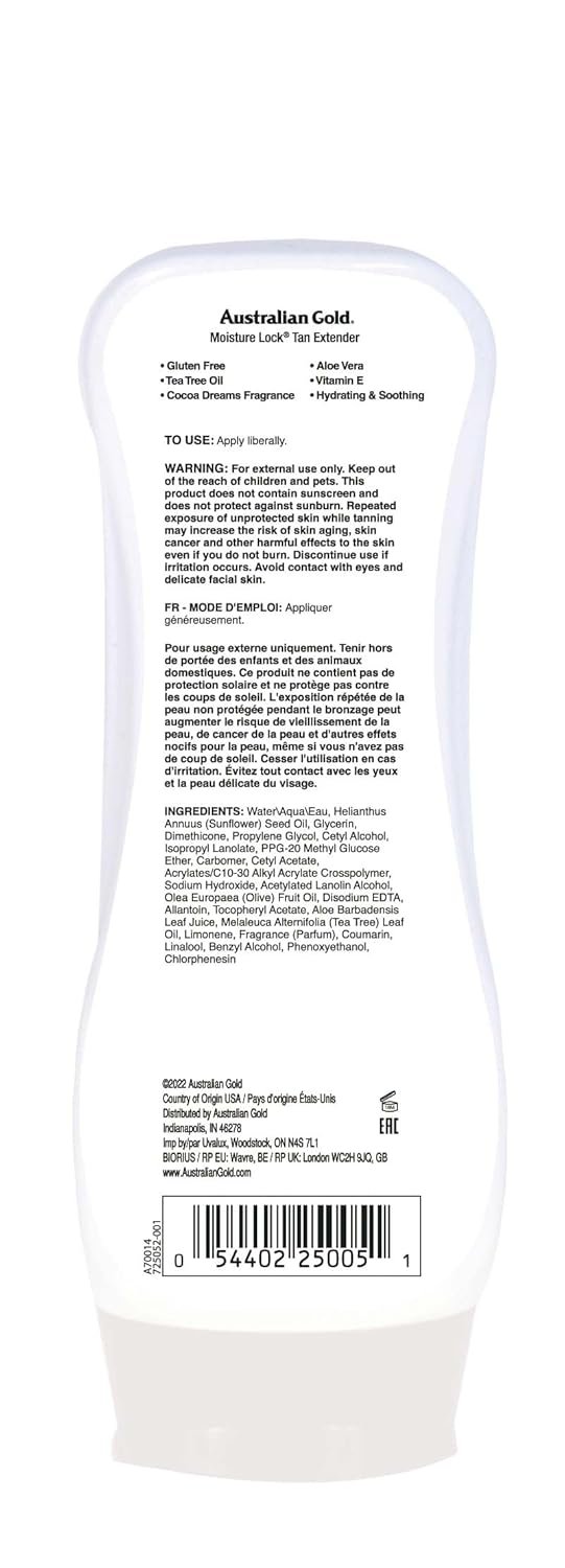 61EUz2jDQSL._SL1500_.jpg Australian Gold Moisture Lock Tan Extender Moisturizing Lotion, 8 Ounce | Nourish Skin and Lock in Color | Enriched with Aloe & Vitamin E