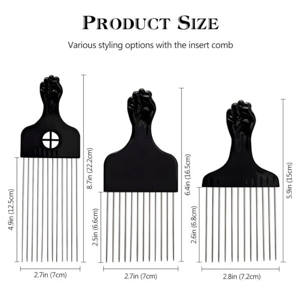 61EcdH1Y21L._SL1500_.jpg Stylish 3-Piece Black Metal Afro Hair Pick Set: Stainless Steel Wide-Tooth Combs with Classic Fist Design, Essential for Curly & Afro Hair Care and Styling