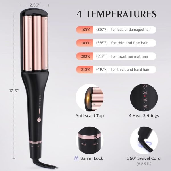 61FI78oXahL._AC_SL1500_.jpg Crimper Hair Tool with 3 Ceramic Barrels, Beach Waves Curling Iron 3/4 & 1 & 1 1/4 Inch, Deep Waver with 4 Heat Settings, Adjustable Curling Wand for Long Hair Women, Dual Voltage
