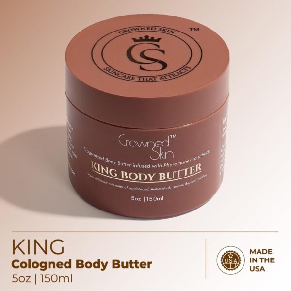 King Cologned Body Butter | Warm and Sensual Scent | Blended with Sandalwood & Leather | Infused with Organic Shea & Mango Butters | Moisturizing Formula with All-Day Fragrance | 5oz