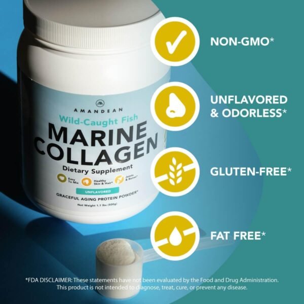 61IW3gPpNzL._AC_SL1200_.jpg AMANDEAN Marine Collagen Peptides Powder. 500g Wild-Caught Hydrolyzed Fish Collagen Supplement. Type 1 & 3 Collagen Protein. 18 Amino Acids for Skin, Hair, Nails.