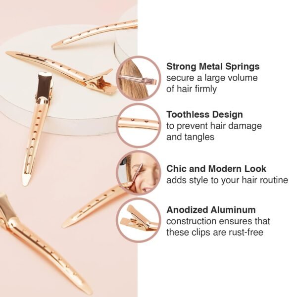 Kitsch Metal Hair Clips for Styling - Alligator Clips for Sectioning, Cutting, Coloring, Blow Drying and Makeup | Salon Quality Hair Accessories - 6pcs (Rose Gold)