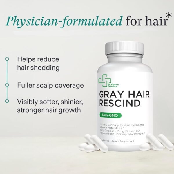 61K5NJ0U-L._AC_SL1500_.jpg DR VITAMIN SOLUTIONS Gray Hair Rescind with Catalase - Antiaging Hair, Skin and Nails Vitamins, Pantothenic Acid, Folic Acid 400mcg, Biotin 300mcg, Saw Palmetto for Men and Women