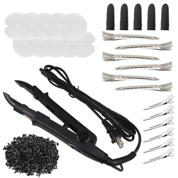 Hair Extension Tool Kit Profession Fusion Heat Iron Connector US Plug 100g Keratin Beads Heat Shield Guards for Keratin Bonding Tool Weft Extension Hair Styling (Black)