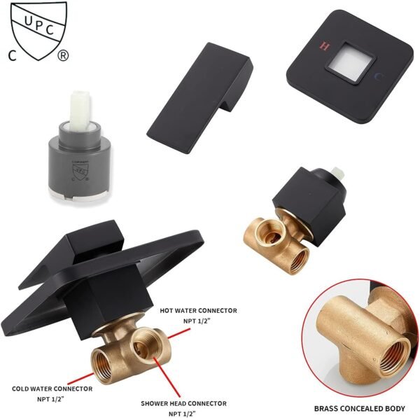 Black Shower Faucet GGStudy Single Function Shower Trim Kit with Rough-in Valve Shower Set Bath Rainfall Shower Faucet System 8inch Square Stainless Steel Metal Shower Head
