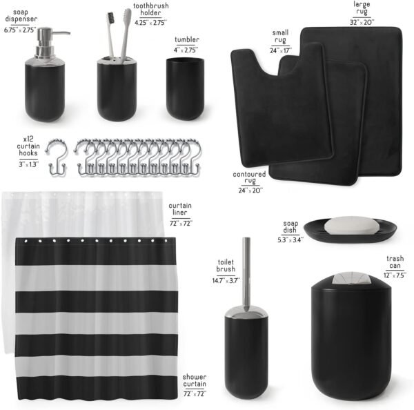 Clara Clark Bathroom Set - Black Bathroom Accessories Set, Bathroom Sets with Shower Curtain and Rugs, 23PC Shower Curtain Set with Liner, Soap Dispenser, Toilet Brush, & Trash Can