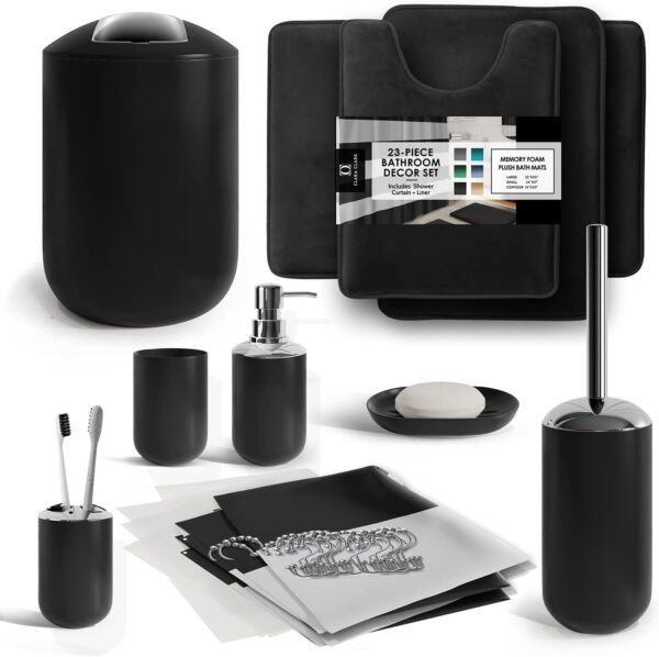 Clara Clark Bathroom Set - Black Bathroom Accessories Set, Bathroom Sets with Shower Curtain and Rugs, 23PC Shower Curtain Set with Liner, Soap Dispenser, Toilet Brush, & Trash Can
