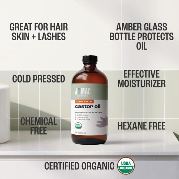 61LZn8eOg2L._SL1100_.jpg J MAC BOTANICALS, Organic Castor Oil Cold Pressed (Glass Bottle, 8 oz) pure unrefined, hexane free for face, skin, eyelashes, pack wraps, pads