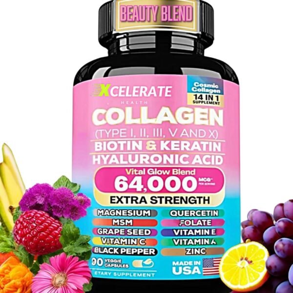 Cosmic Glow Blend Collagen Peptides Types I, II, III, V & X MCG Biotin Keratin Hyaluronic Acid MSM Vitamin A Vitamin C Vitamin E Folic Acid Zinc Magnesium with Grape Seed, (90 CAPS)