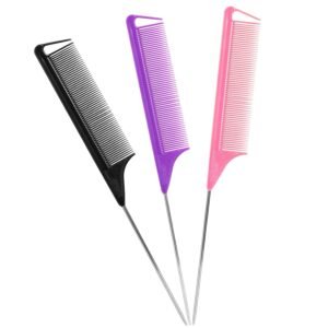 61NQ6oBCdCL._SL1500_.jpg Rat Tail Combs Set: 3Pcs Long Steel Pin Teasing Combs for Salon Hair Stylists, Metal Parting Combs for Women (Purple, Black, Pink)