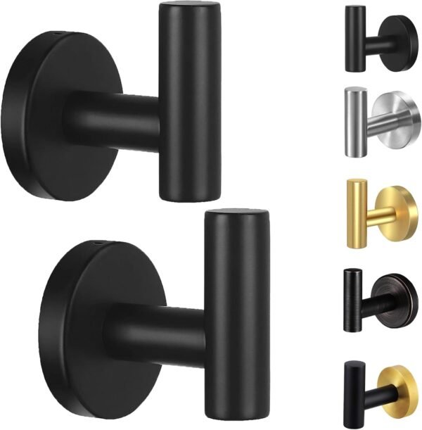 Kruodop Towel Hooks for Bathroom,2 Packs Wall Mount Towel Holder,Black Matte Wall Robe Hook,Stainless Steel Heavy Duty Door Hanger Towel Hook for Kitchen, Bedroom,Hotel,Pool,Coats(Drilling)