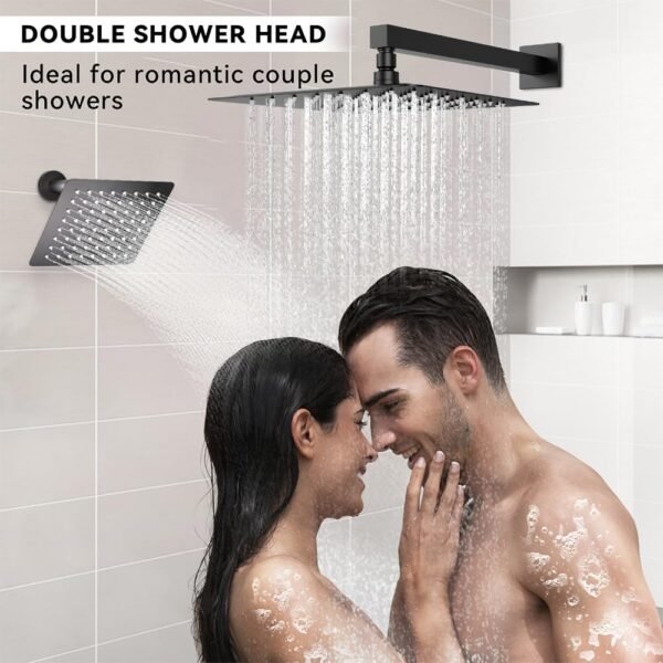 Thermostatic Shower System Matte Black, STARBATH Shower Faucets Sets 12+ 6" Wall Mount Rain Shower and 2 in 1 Handhled, Can Use All at Once, Push Button 3 Modes Valve and Trim Kit Complete Shower Set