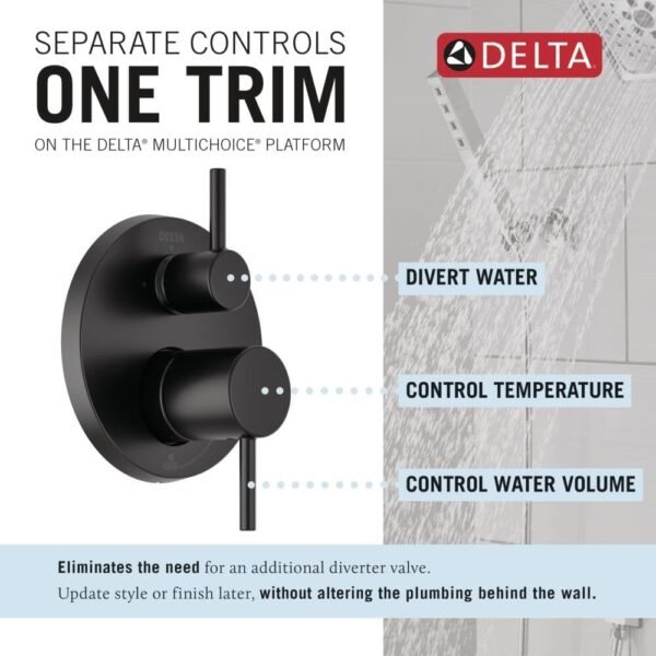 Delta Modern 14 Series Round Rain Shower System Faucet Set, Rainfall Matte Black Shower Head and Handle Set, Valve Trim Kit, 10 Inch, Matte Black 342702-BL