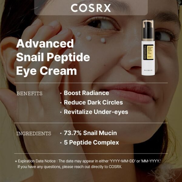 61OIXQi95BL._SL1000_.jpg COSRX Snail Mucin Peptide Under Eye Cream, 0.84 fl oz, 73.7% Snail Mucin and Niacinamide, Eye Care, Eye Cream Anti Aging, Dark Circles, Korean Skin Care