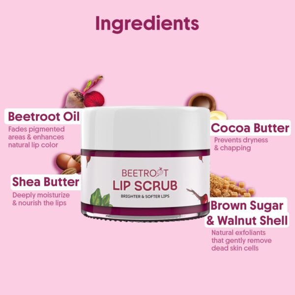 61OS8tKbxZL._SL1500_.jpg Beetroot Lip Scrub with Shea Butter & Cocoa Butter – For Dark, Chapped & Pigmented Lips – Suitable for Men and Women - 0.5 FL Oz / 15gm