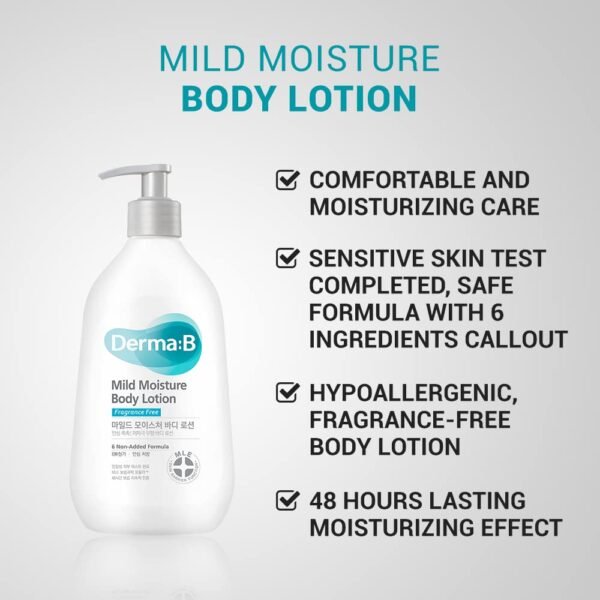 DERMA B Mild Moisture Body Lotion, Fragrance-Free Non-Irritating Body Moisturizer for Dry & Sensitive Skin with Witch Hazel, Unscented Fast-Absorbing Moisturizing Korean Skincare,13.5 Fl Oz,400ml