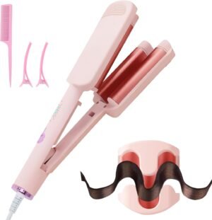 61POY1c-4UL._AC_SL1500_.jpg Curling Iron Hair Crimper Waver - CHIKYO 3 Barrel Rovy Wave Curling Iron, 1.25 Inch Ionic Beach Waves Curling Wand, Deep Waver Hair Curler Hot Tool with Ceramic for Women, Dual Voltage, Easy to Use